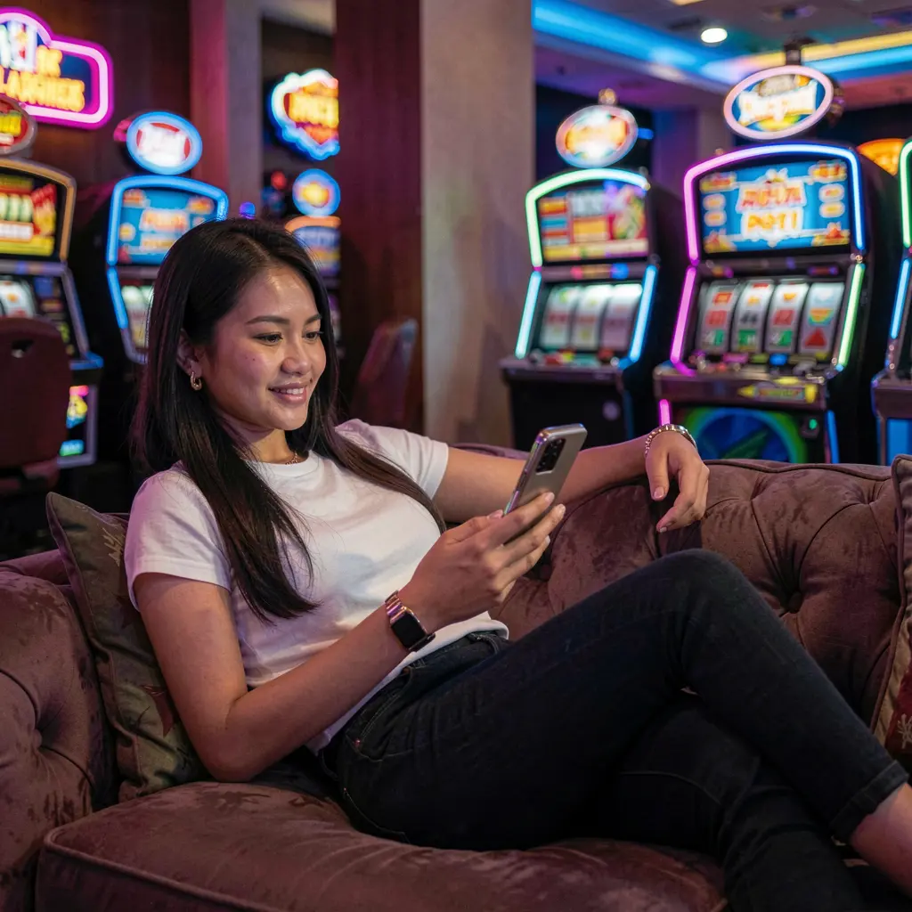 Confident Filipino woman using the PHIX99 casino app on her phone while relaxing in a modern lounge with bright slot machines behind her
