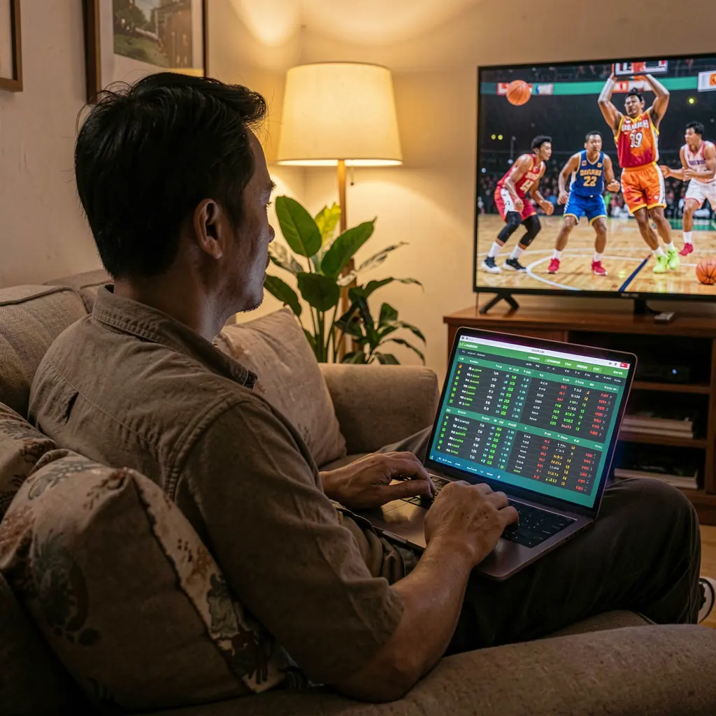 Focused Filipino sports bettor analyzing basketball odds on a laptop using PHIX99 with a live game displayed on TV behind him