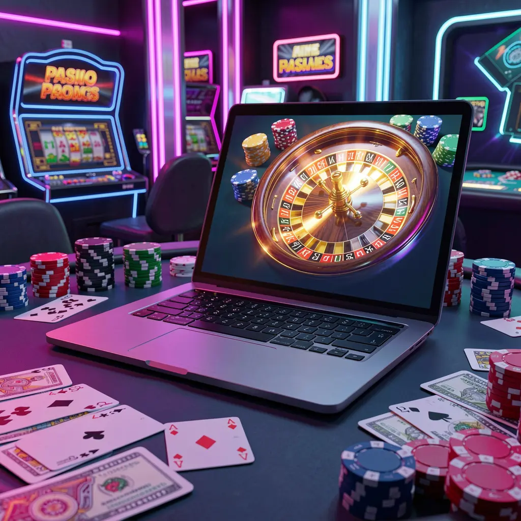 A modern laptop displaying a vibrant online roulette wheel surrounded by colorful casino chips and cards showcasing the immersive gaming environment of PHIX99 in the Philippines