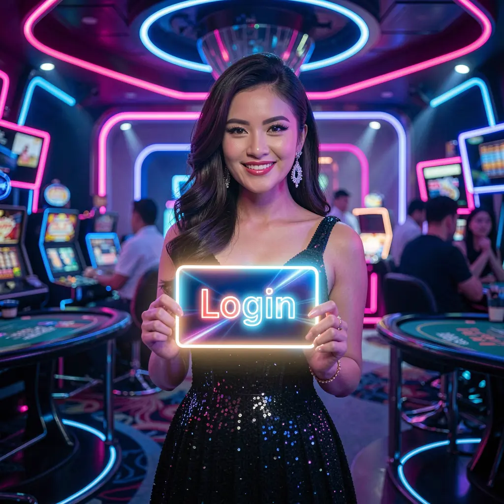 Glamorous casino hostess holding a glowing login card in a neon lit environment representing secure access at PHIX99 for players in the Philippines