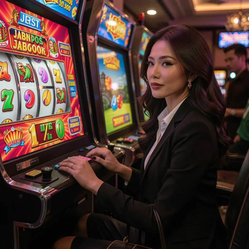 A stylish Filipino woman enjoying modern slot machines at PHIX99 casino with bright screens and immersive gaming action